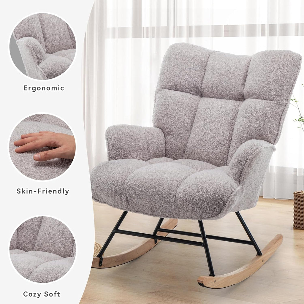 SAETSFEG Rocking Chair Nursery Teddy Upholstered Glider Rocker Rocking Accent Chair Padded Seat with High Backrest Armchair Comfy Side Chair for Living Room Bedroom Offices (Grey Teddy)
