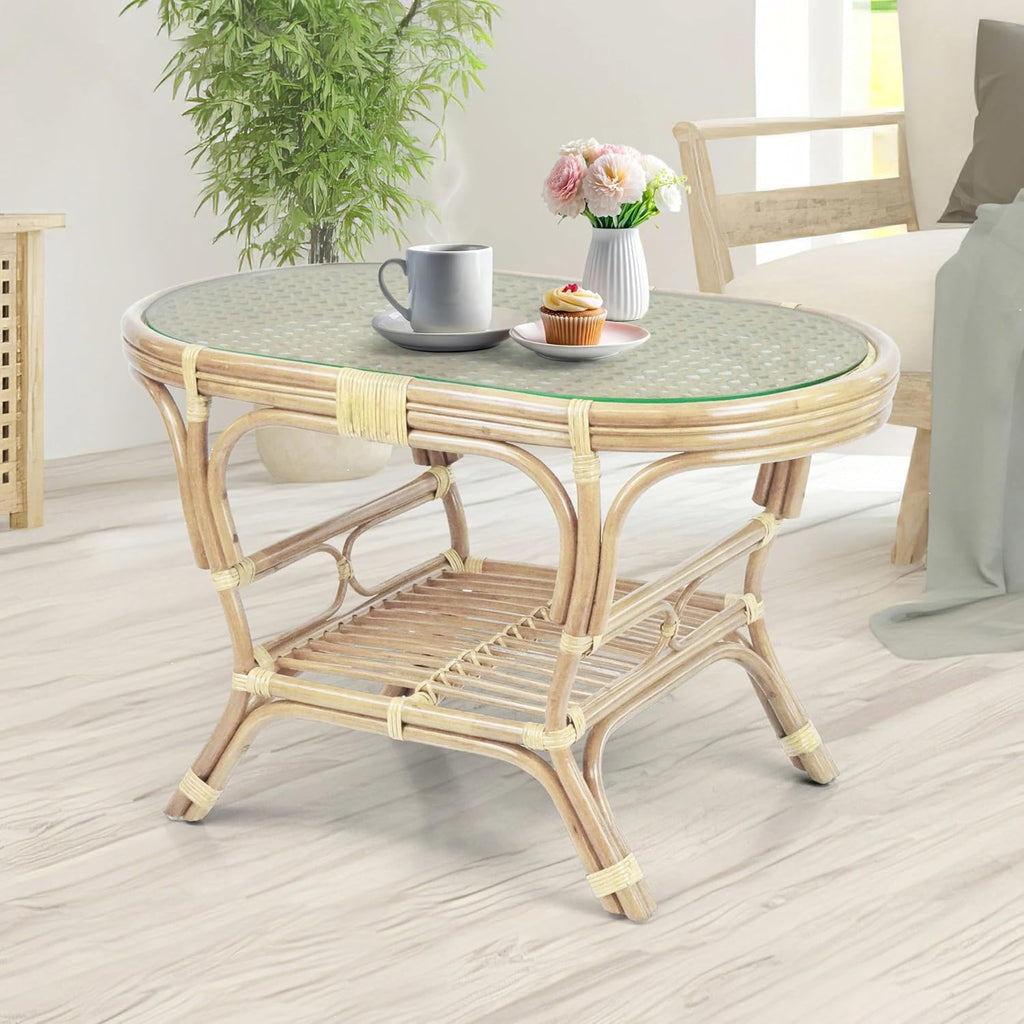 Pelangi Oval Coffee Table Natural Color with Glass Top Natural Rattan Wicker ECO Handmade Design