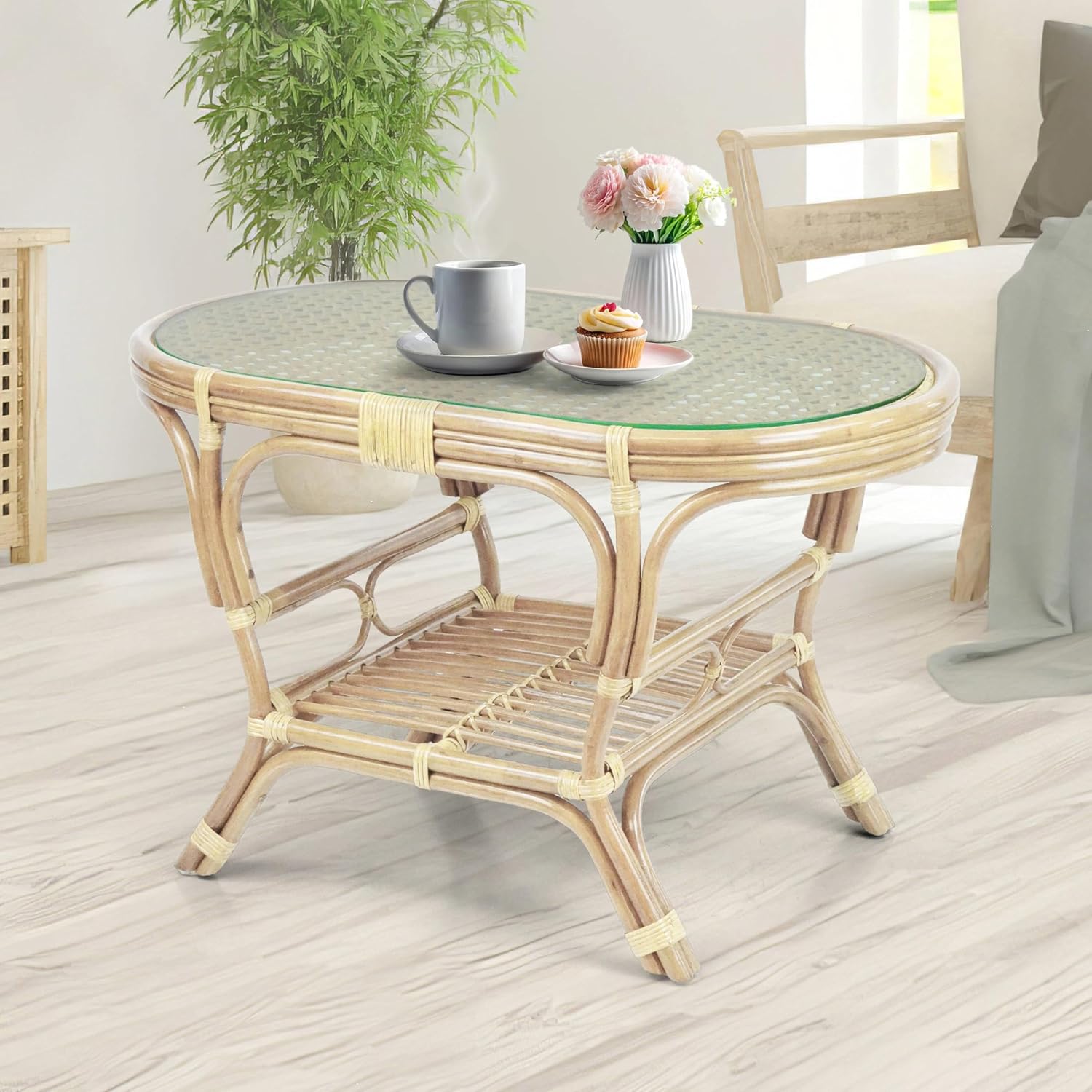 Pelangi Oval Coffee Table Natural Color with Glass Top Natural Rattan Wicker ECO Handmade Design