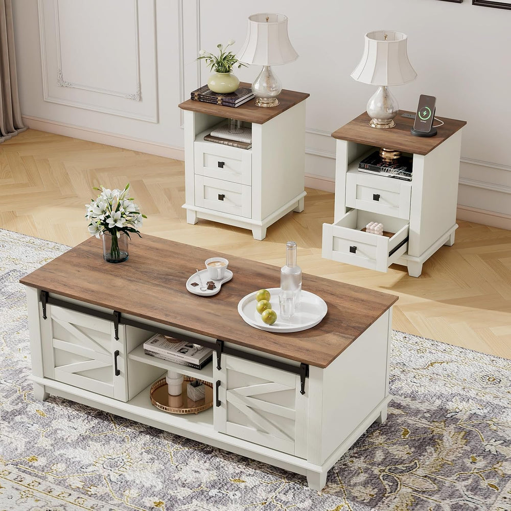 LUXOAK Farmhouse Table Set of 3, Coffee Table with Sliding Barn Doors, End Ta...
