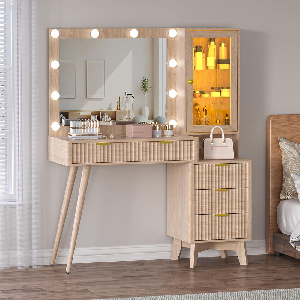 BORNOON 45” Fluted Makeup Vanity Desk with Mirror and Lights, Glass Top Dress...