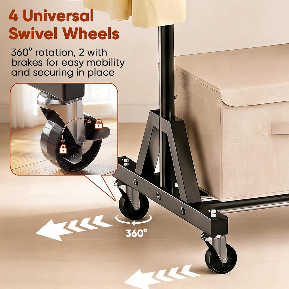 Rolling Garment Rack - Retractable Clothes Rack with Hanging Rods, Lockable W...
