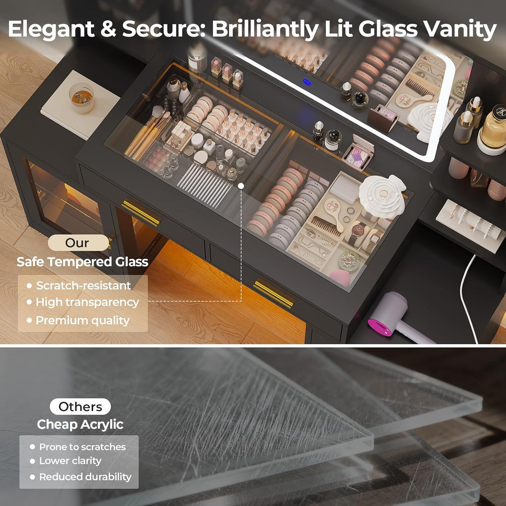 ADORNEVE Makeup Vanity with Mirror & Lights, Glass RGB Cabinets, Black | ...