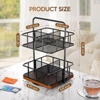 Rotation 2 Tier Tea Bag Organizer, Iron Art Tea Organizers, Acacia Wood Stand Teabag Holder with Handle Easy to Move and 8 Basket Tea Caddy for Tea Bags Organizer for Pantry, Kitchen, Gift Giving