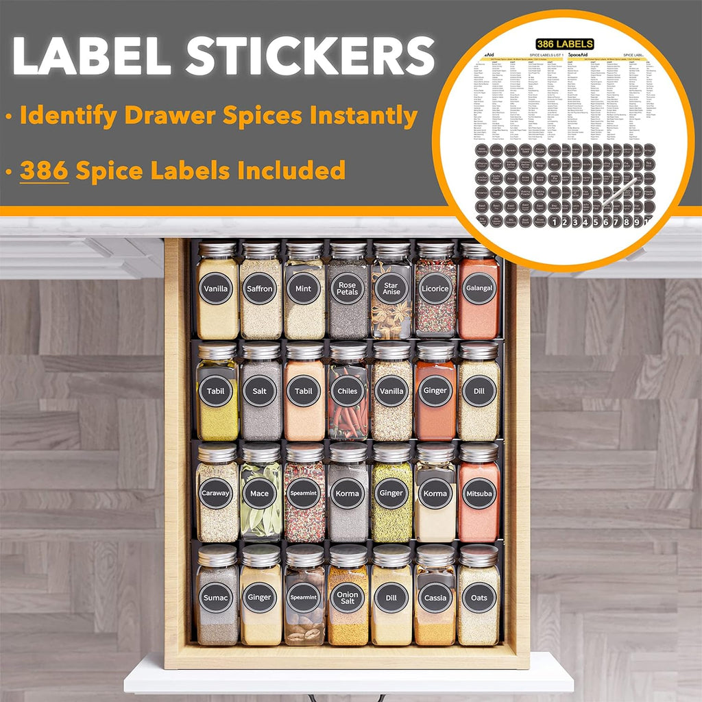 SpaceAid Spice Drawer Organizer with 28 Spice Jars, 386 Spice Labels, 4 Tier Seasoning Rack Tray Insert for Kitchen Drawers, 13" Wide x 17.5" Deep