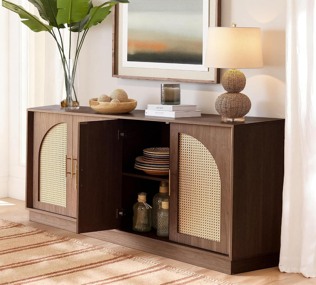 FORTUNETEC 63.8" Sideboard Buffet Cabinet with Storage, Natural Walnut | Accent Cabinet with Arched Doors, Boho Modular Media Console, Credenza for Living Room Kitchen Dining Room Entryway