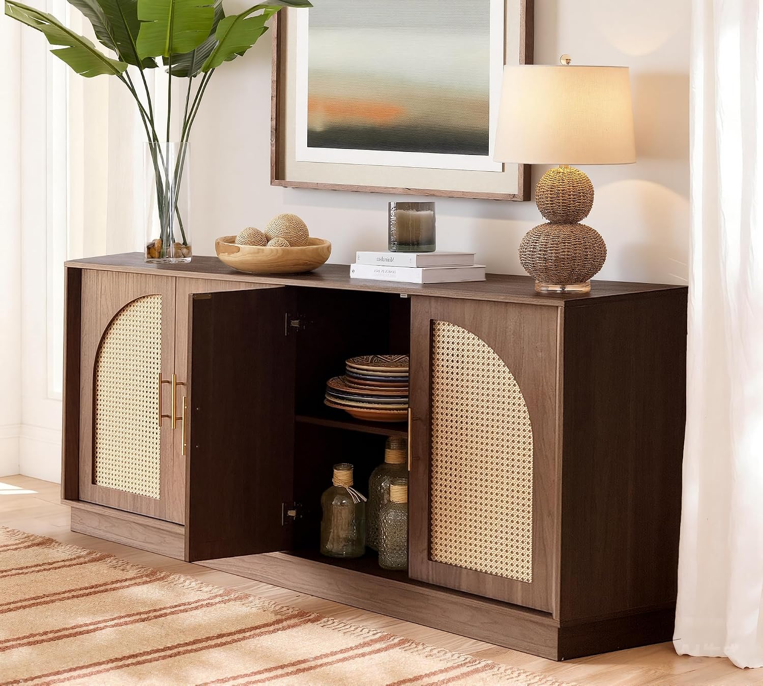 FORTUNETEC 63.8" Sideboard Buffet Cabinet with Storage, Natural Walnut | Accent Cabinet with Arched Doors, Boho Modular Media Console, Credenza for Living Room Kitchen Dining Room Entryway