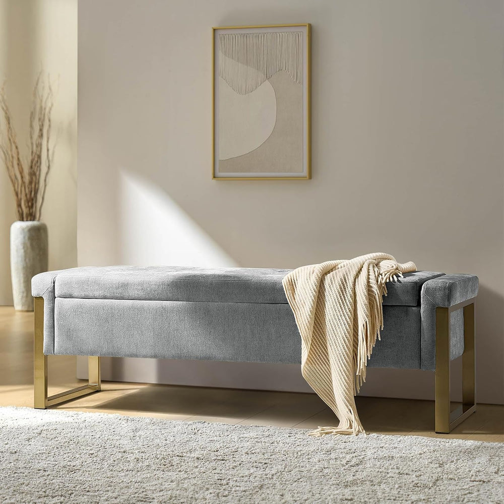 Modern Storage Ottoman Bench with Gold Metal Legs Upholstered Footrest End-of...