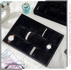 Henoyso 2 Pieces 12 Grid Velvet Watch Tray Jewelry Organizer Stackable Watch Bracelet Bangle Display Holder Adjustable Pillow(Black)