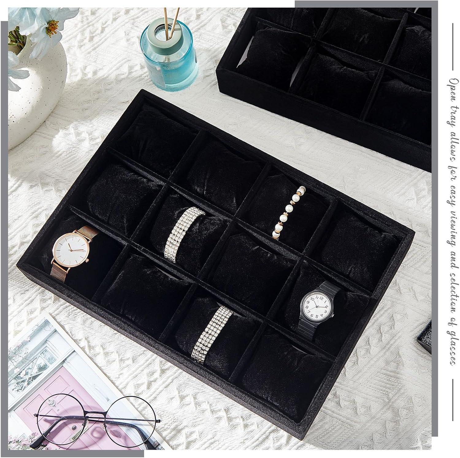 Henoyso 2 Pieces 12 Grid Velvet Watch Tray Jewelry Organizer Stackable Watch Bracelet Bangle Display Holder Adjustable Pillow(Black)