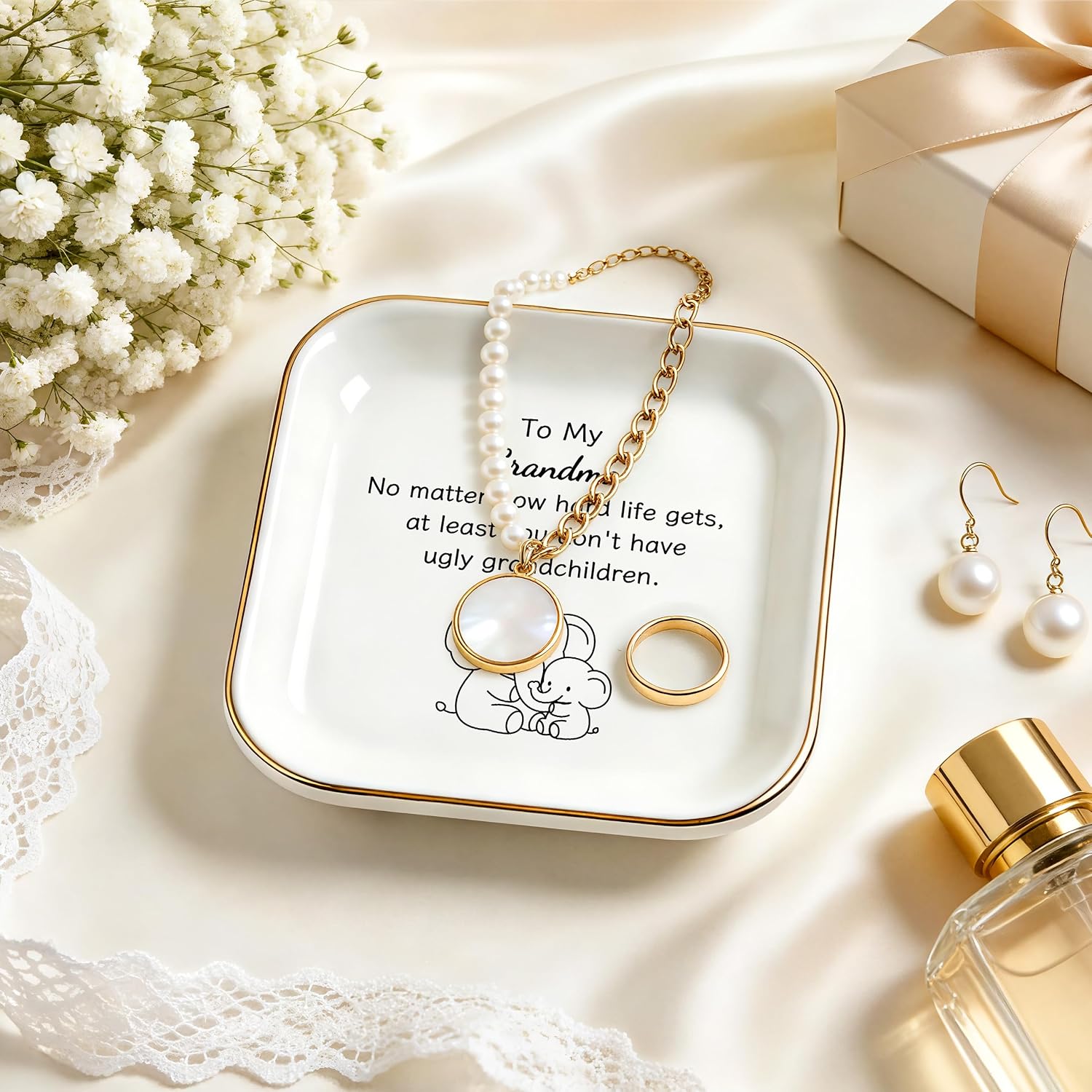 Elephant Gifts for Grandma Christmas, Cute Grandma Gifts from Grandchildren | You don't have ugly grandchildren, Ring Dish 4" Practical Size, Ceramic