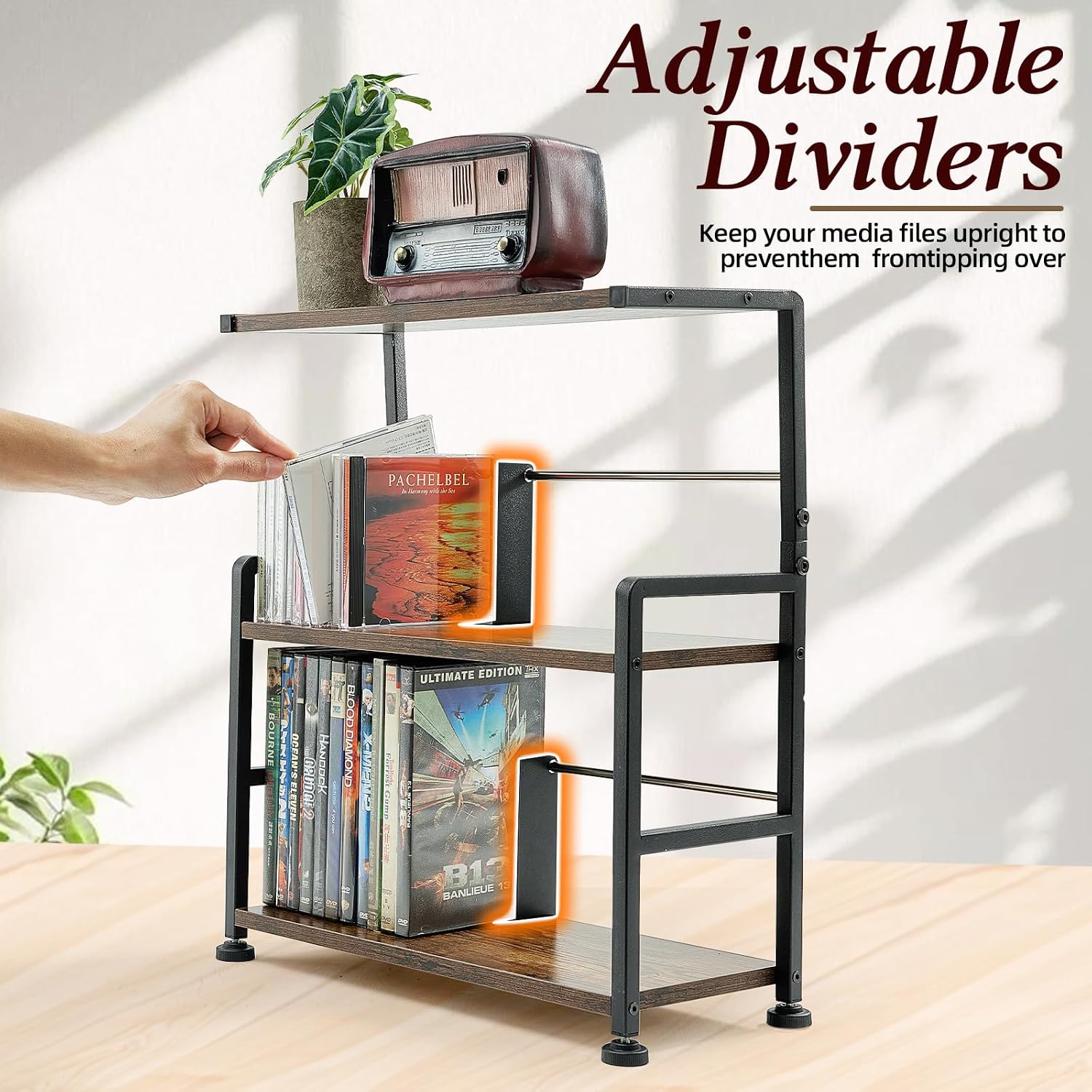 CD Storage Rack, 3-tier CD Holder for Coutertop, Wooden CD Organizer, DVD Storage Shelf, Holds Up to 70 Standard CD, Adjustable CDs Dividers, Multi-Purpose Media Storage for CD DVDs Games Books