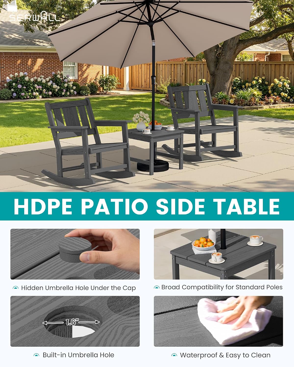 SERWALL 3-Piece Patio Furniture Set with 2 Rocking Chairs & Table, Grey | All-Weather HDPE Bistro Set: Includes rocking chairs and table with umbrella hole for cozy outdoor leisure and relaxation.