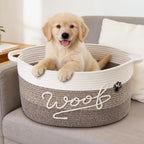 30L Woof Dog Toy Basket with Handles, Large Dog Toy Storage Bin with Paw Print, Woven Dog Basket for Blankets, Toys, Chews, Pet Toy Box for Nursery, Living Room, Bedroom, 17”x12”x9, Brown