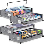 Beborxue Under Bed Storage with Wheels, 4-Pack Underbed Storage Containers with Clear Lids, XXL 60L Under the Bed Storage Organizer Bins, Rolling Under Bed Metal Drawer for Clothes,Shoes,Toys (Gray)
