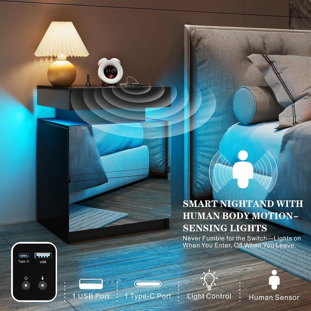 LED Nightstand - Bedside Table with Charging Station and 2 Mirrored Drawers S...