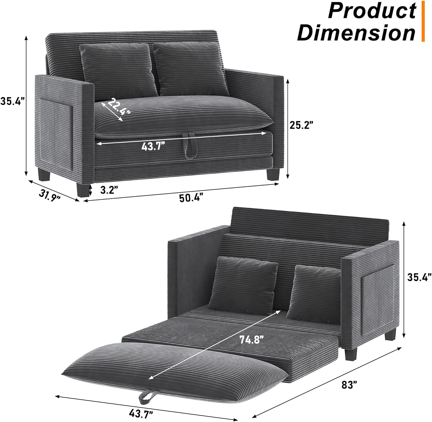 XVD 51 Inch Convertible Sofa Bed Sleeper with Storage Pockets & 2 Pillows - 2-in-1 Folding Loveseat for Small Spaces, Modern Corduroy Loveseat for Apartment, Living Room, Guest Room, Grey