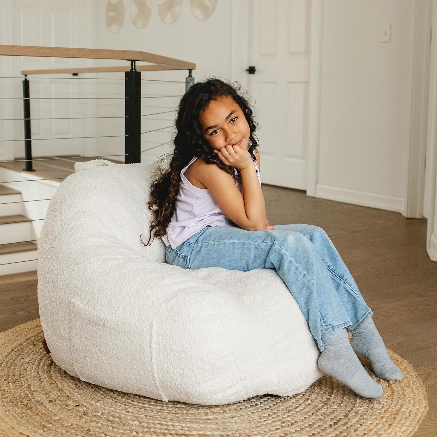Big Joe Cloudberry Bean Bag Chair, Foam-Filled Structured Seat, Teddy Boucle, Icing, Kids