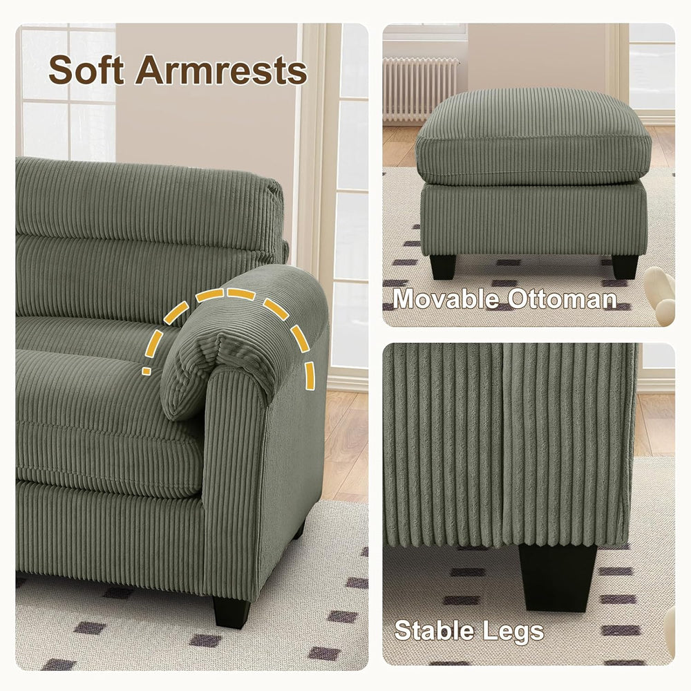 HAOMARKETS Corduroy Sofa Set, Upholstered Ottoman Footrest, Modern Living Roo...