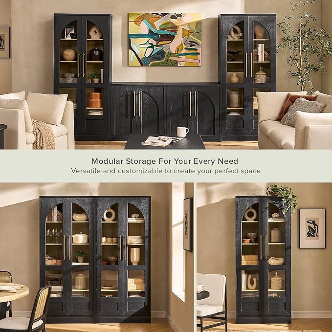 mopio Blake 4 Piece Entertainment Center with Storage, Modern Farmhouse Arched Wall Unit Cabinet TV Stand with Tall Display Cabinets for up to 65" TVs, Trophy Display Case, Media Console Cabinet