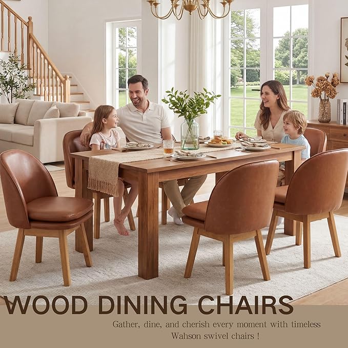Wahson Upholstered Dining Chairs Set of 2, Modern Faux Leather Dining Room Chairs with Solid Wood Legs & Double-Padded Seat, Swivel Accent Desk Chair for Kitchen Dining Room Restaurant - Brown