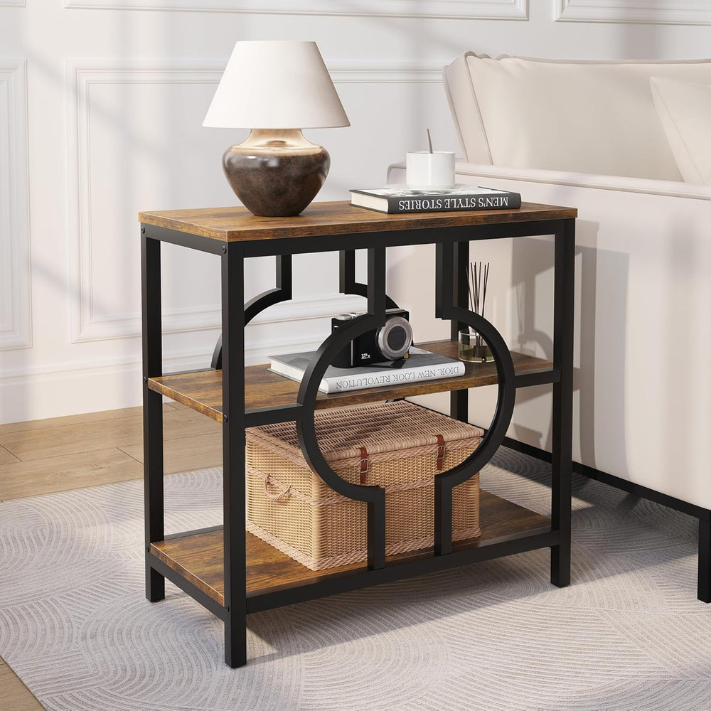 End Table Set of 2, Narrow Side Table with 3-Tier Storage Shelves, Wood Sofa ...