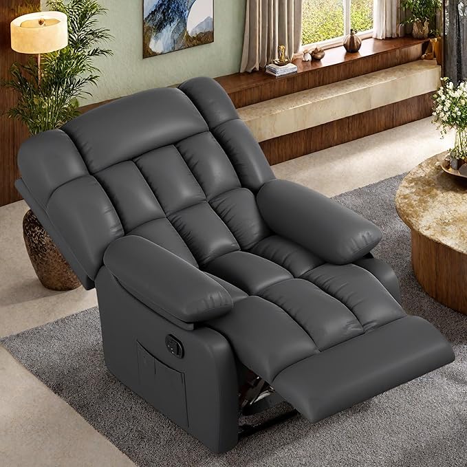 Recliner Chair, Leather Adjustable Recliner with Side Pockets, Living Room Power Reclining Lounge Chair for Adults, Small Spaces Comfy Sofa with Theater Seating for Bedroom, Black
