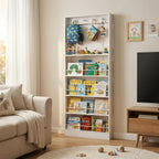 Behind The Door Bookshelf Kids,Wooden Behind Door Bookcase 5-Tier 31.5'' | Fernitry Space-Saving Behind Door Organizer Storage for Toys and Story Books Wall Mount Shelves with Hooks White