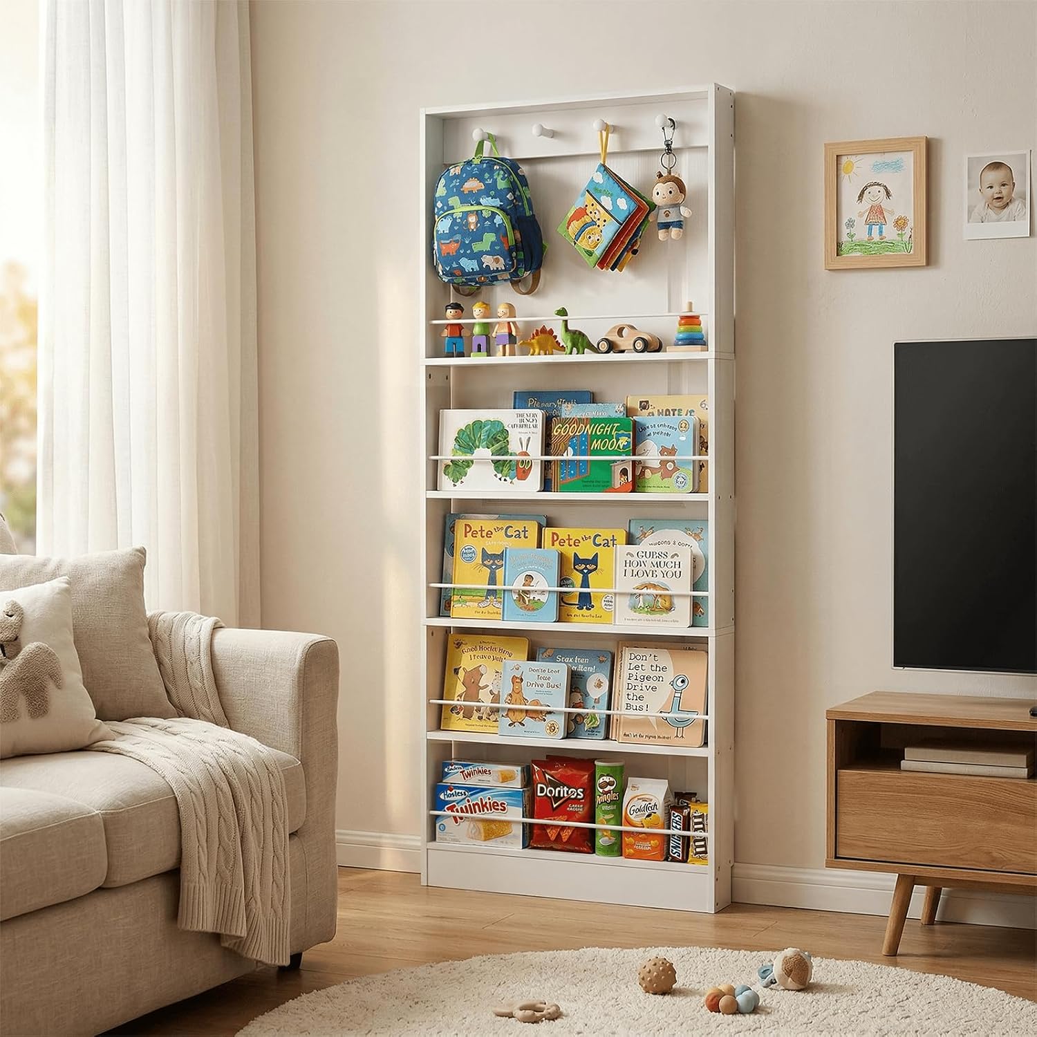 Behind The Door Bookshelf Kids,Wooden Behind Door Bookcase 5-Tier 31.5'' | Fernitry Space-Saving Behind Door Organizer Storage for Toys and Story Books Wall Mount Shelves with Hooks White