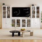 TUSY 71" TV Stand Storage Set - 2 Tall Bookcases & 2 Side Cabinets, Media Console with Glass & Wood Doors, Entertainment Center with Drawers, Tall Media Console for Living Room (White, ADDA)