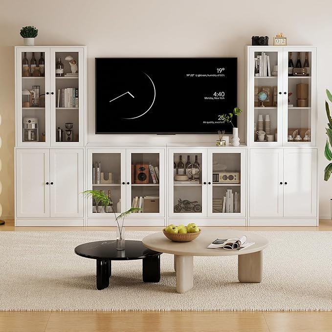 TUSY 71" TV Stand Storage Set - 2 Tall Bookcases & 2 Side Cabinets, Media Console with Glass & Wood Doors, Entertainment Center with Drawers, Tall Media Console for Living Room (White, ADDA)