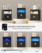 FREDEES LED Night Stand with Gun Drawer & LED Light | 3-Color Lights & Human Body Sensor, Smart Charger Station, 2 DrawersHidden Storage, End Table Bedroom Livingroom