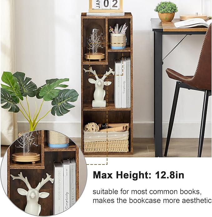 VECELO Small Bookshelf, 4 Cube Slim Bookcase, Fits Tallest Hardcovers, Horizontal Available, Modern Floor Standing Unit, Each Shelf Hold Up to 66 LBS, Vintage Brown