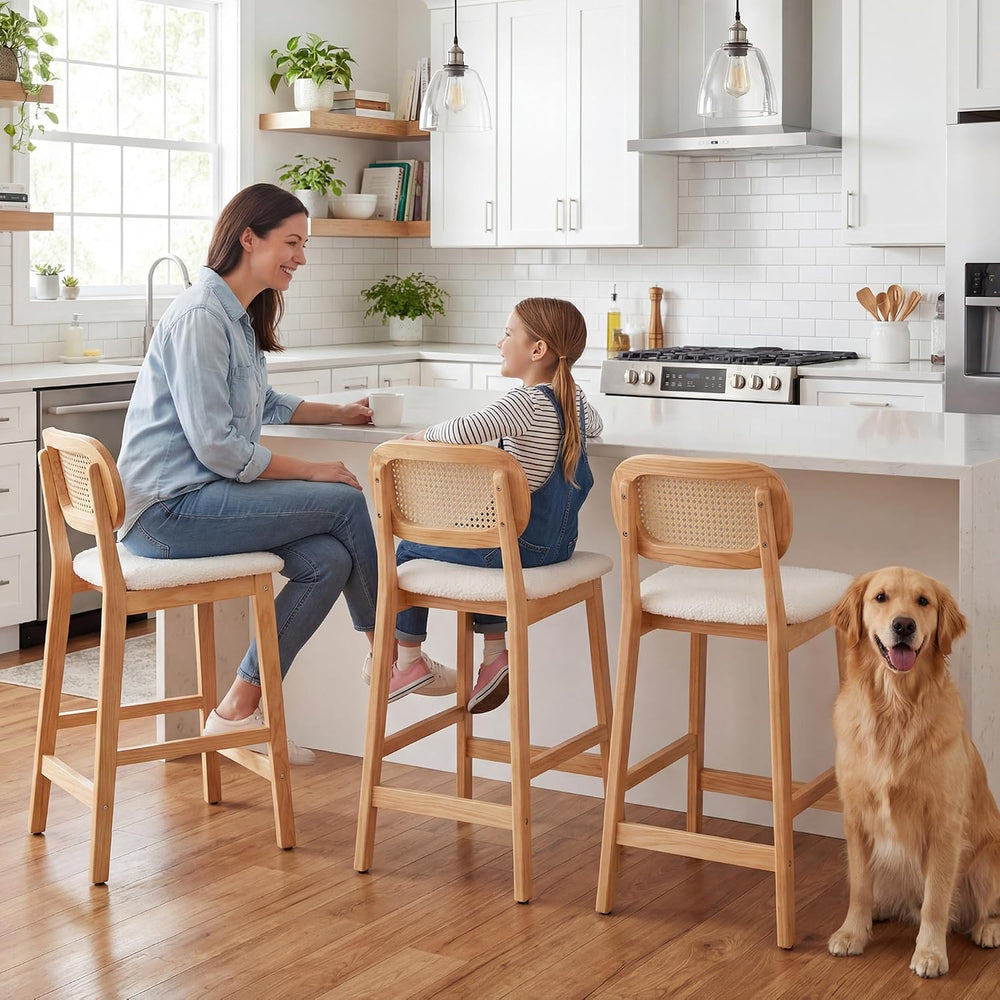 Shunzhi Rattan Bar Stools Set of 3, Upholstered Farmhouse Barstools with Wove...