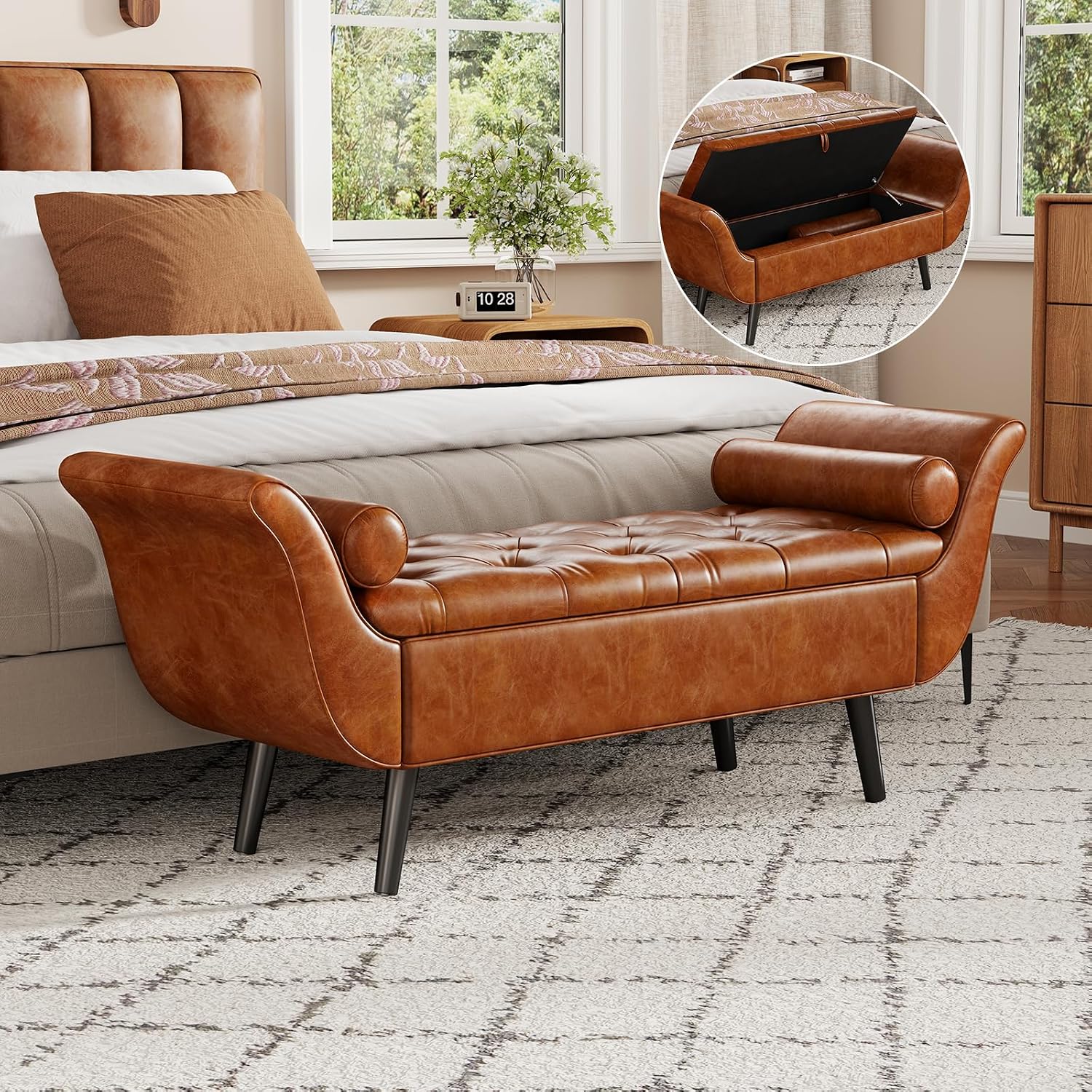 Faux Leather Storage Bench for Bedroom End of Bed, 65-Inch Rolled Arm Upholstered Bench with Hidden Storage, Brown End of Bed Bench with Sturdy Wood Frame, Space-Saving Entryway Ottoman Seat (Brown)