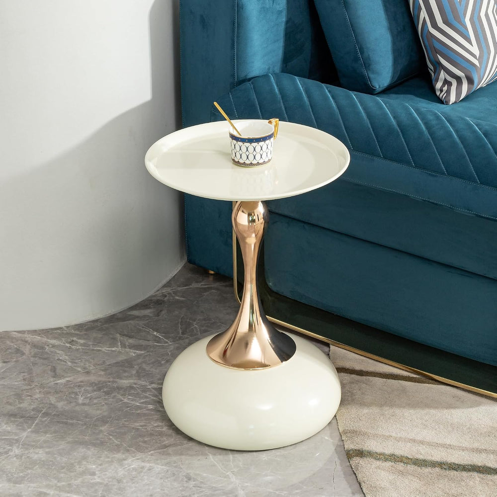 Round Side Table, White and Rose Gold, Cocktail End Table for Living Room, 14...