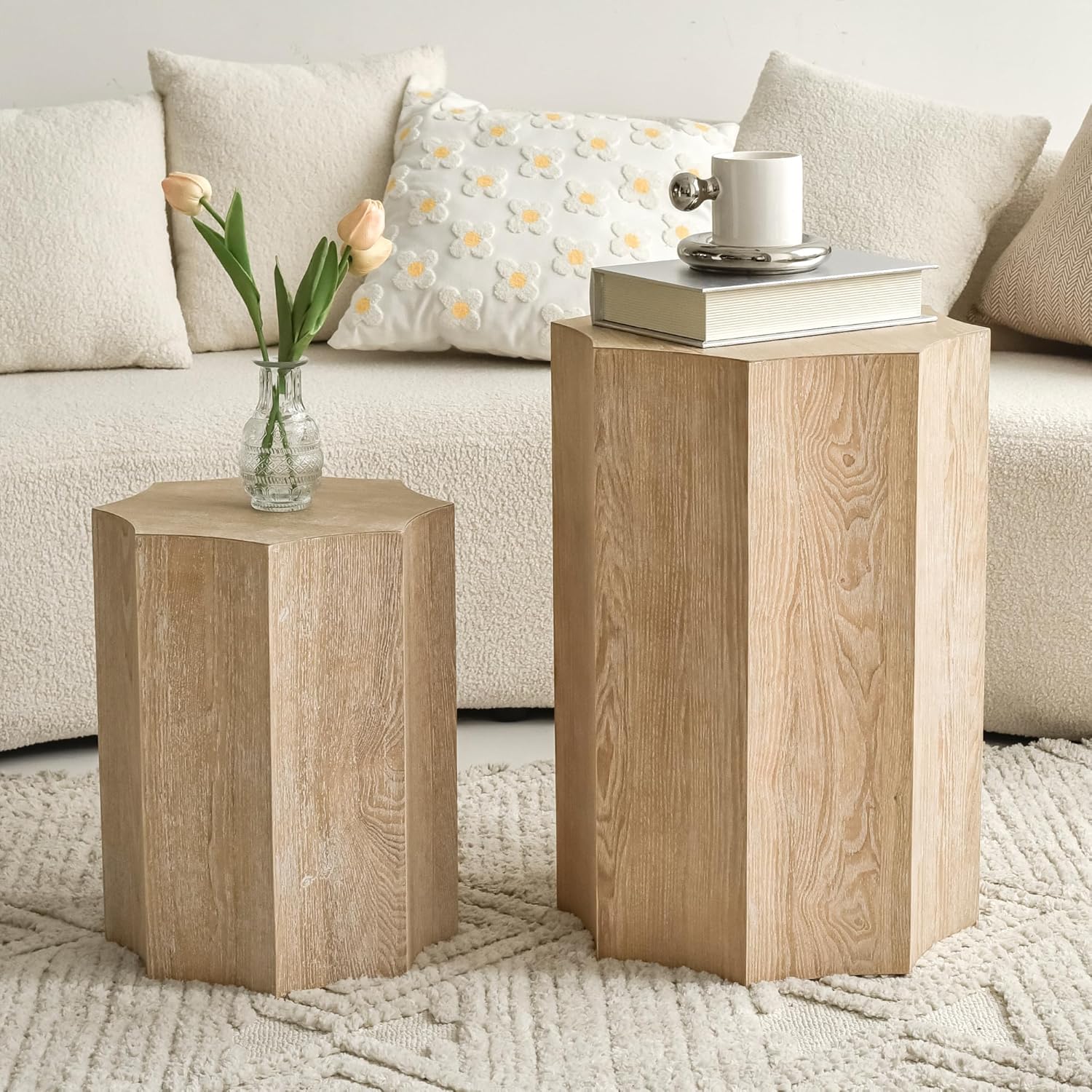 Nesting Coffee Table Set of 2,Modern Nesting Tables for Living Room,Octagonal End Table and Side Table Set,Wooden Center Table for Small Spaces,Plant Stand for Balcony,Fully Assembly,Natural Finish.
