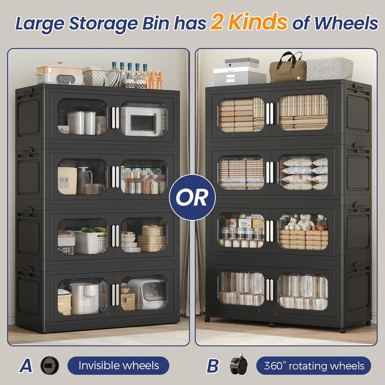 200 Gallon Extra Large Storage Bin with Lid and Wheels, Stackable Collapsible Plastic Storage Box with Door, Foldable Organizer for Closet, Kitchen, Office, Living Room, 4 Pack Black