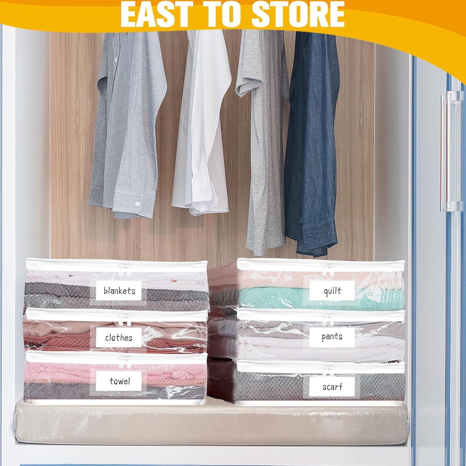 Plastic Storage Bags with Easy-Glide Zipper, Pack of 6, Durable Clear Vinyl Zippered Storage Bags for Clothes Sweaters Comforters Blankets Sheets Bedding (15 x 12 x 5 Inch)