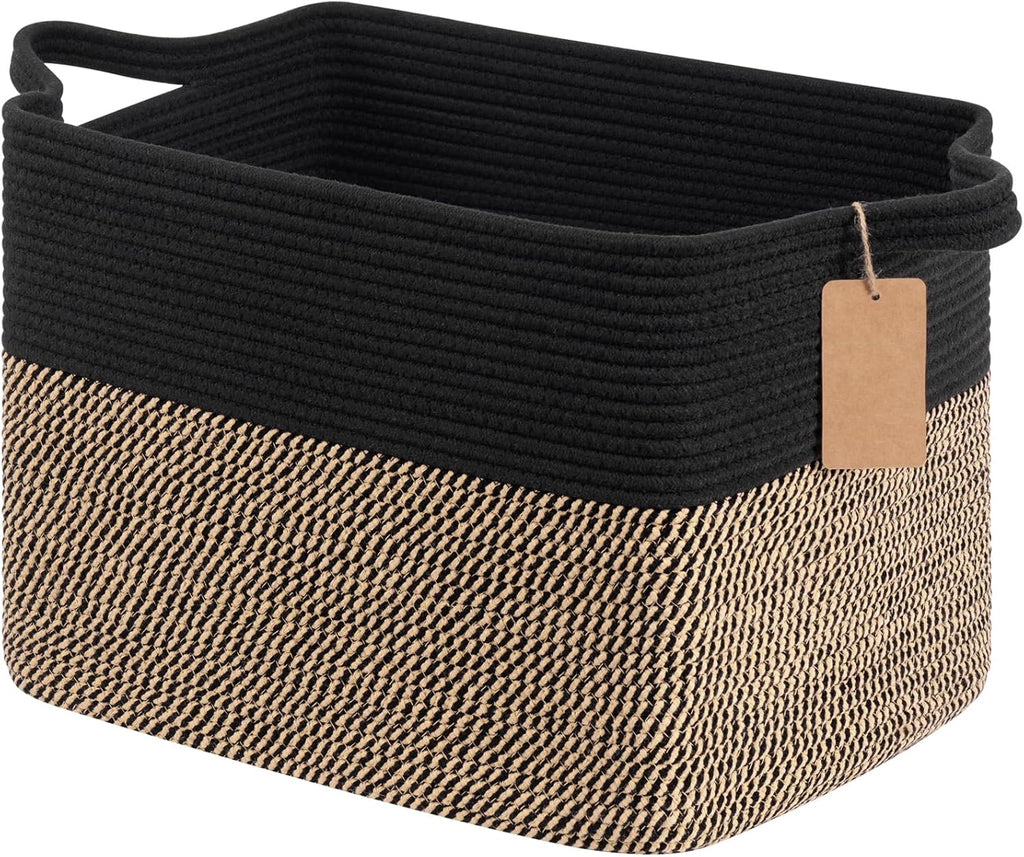 Goodpick Large Wicker Storage Baskets for Organizing, Black & Jute | 50L, 18 × 14 × 12 in, Reinforced Handles, Shoes, Towels & Toys Storage, Living Room, Bedroom & Nursery Organization