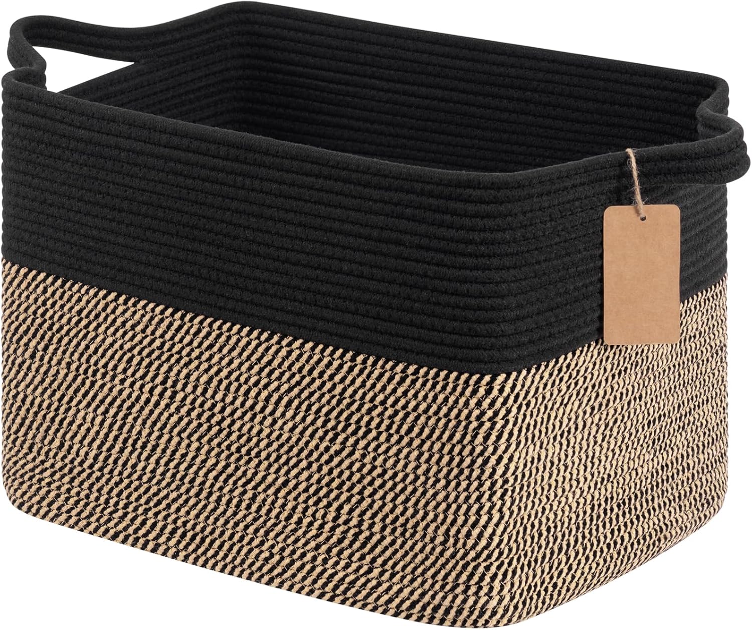 Goodpick Large Wicker Storage Baskets for Organizing, Black & Jute | 50L, 18 × 14 × 12 in, Reinforced Handles, Shoes, Towels & Toys Storage, Living Room, Bedroom & Nursery Organization