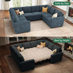 HONBAY Modular Sectional Couch with Pull Out Bed, Corduroy Sleeper Sofa with Storage Seats, U Shaped Sectional Couches for Living Room, Blue