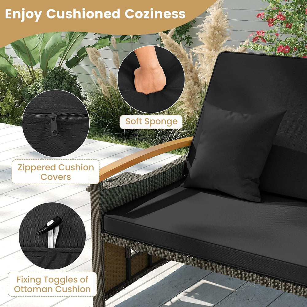 COSTWAY Patio Rattan Daybed, Outdoor Loveseat Sofa with Storage Ottoman, 4-Le...