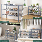 Smiry Shoe Rack, 3 Tier Bamboo Shoe Organizer, Stackable Free Standing Wooden Shoe Storage Shelf for Closet, Entryway, Front Door Entrance, Grey