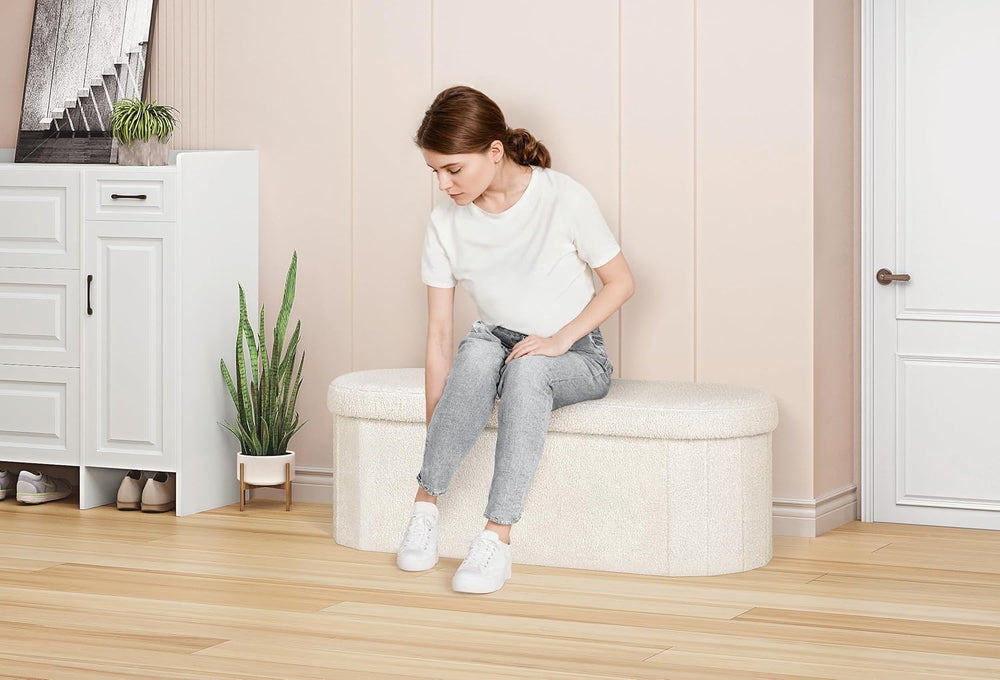 PINPLUS Storage Ottoman Bench Tufted Oval Ottomans Bench Foot Rest, Chest Box...
