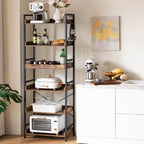 HCHQHS Adjustable 6 Tier Open Bookcase, Rustic Farmhouse Book Shelves, Industrial Wood and Black Metal Bookshelves, Mid Century Bookcase for Home Office Living Room Bedroom