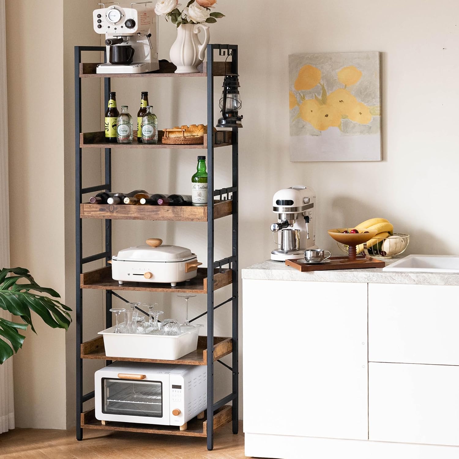 HCHQHS Adjustable 6 Tier Open Bookcase, Rustic Farmhouse Book Shelves, Industrial Wood and Black Metal Bookshelves, Mid Century Bookcase for Home Office Living Room Bedroom