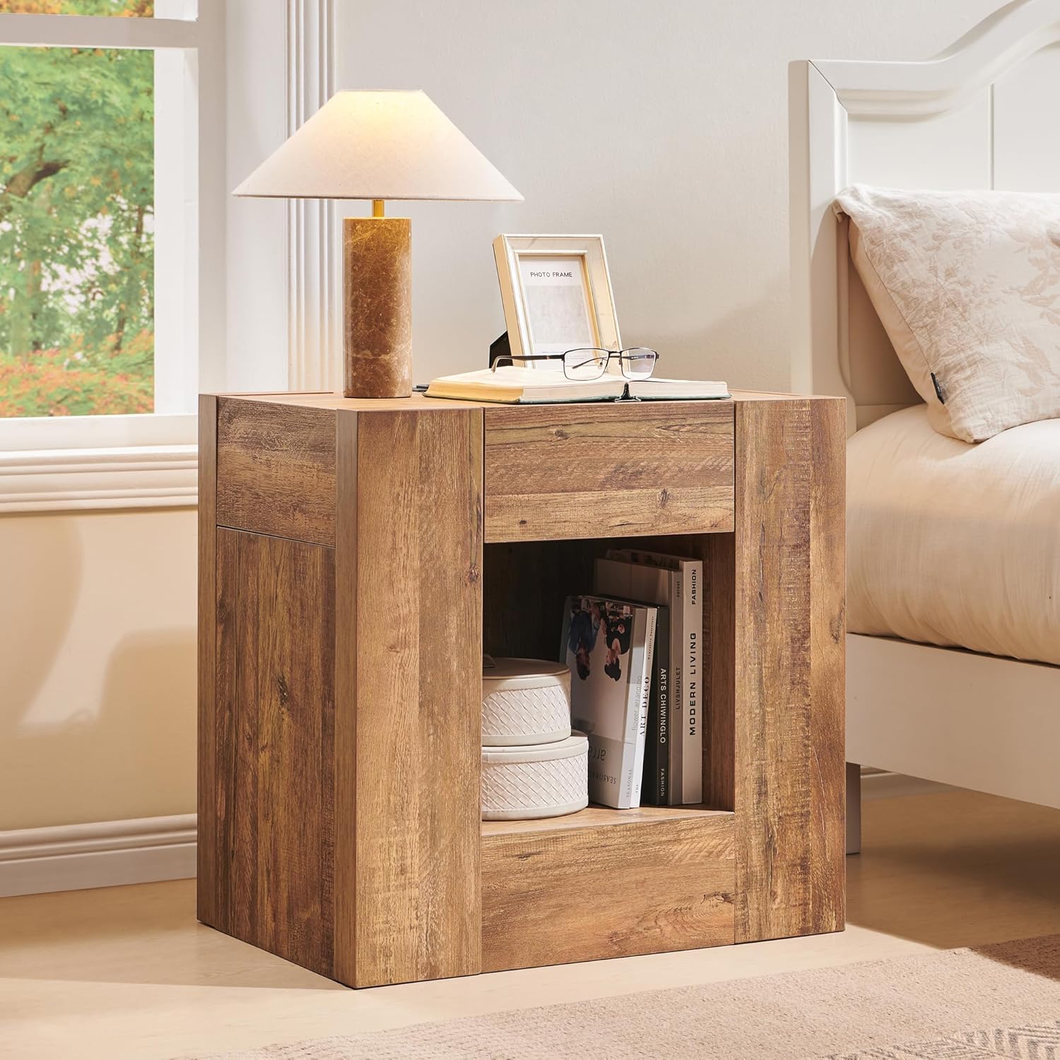 OKD 24" Modern Nightstand Set of 2 w/Drawer/Storage Shelf,Gold Rustic Brown | End Table, Wood Thick Design, Rustic Square Bedside Table w/ Charging Station