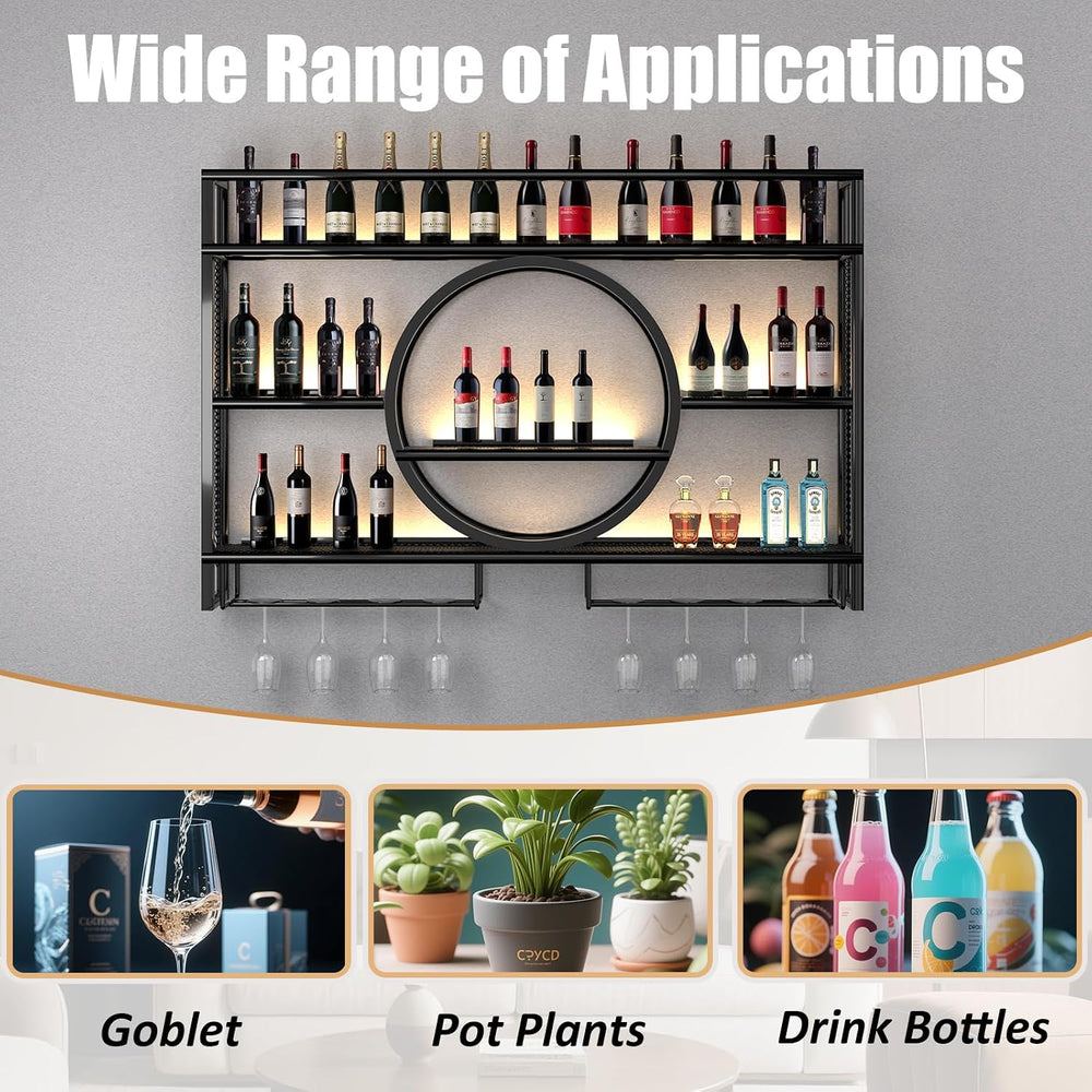 Wine Rack Wall Mounted with LED Light,Bar Liquor Shelf,Black,100*80*15 | Meta...