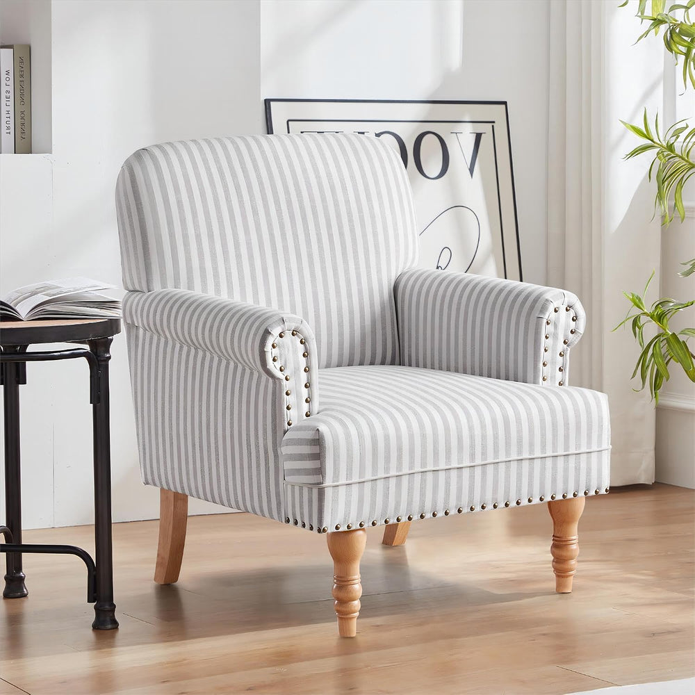 HUIMO Linen Fabric Accent Chair, Mid-Century Modern Armchair with Solid Wood ...